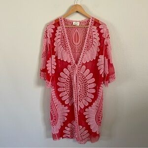 Ember Swimwear Cover-Up Embroidered Floral Kimono Duster Red Pink Size Medium